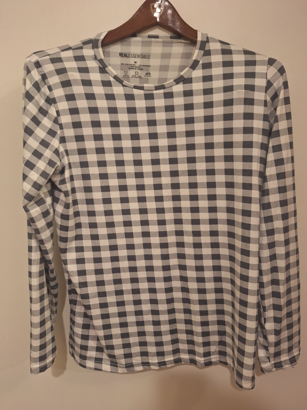 Essentials Women’s Long Sleeve Check Tee in White and Gray